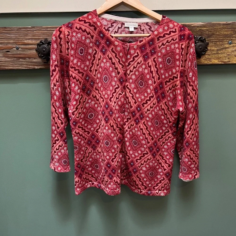 Garnet Hill Red Red 100% Merino Wool Geometric Medallion Cardigan Sweater L